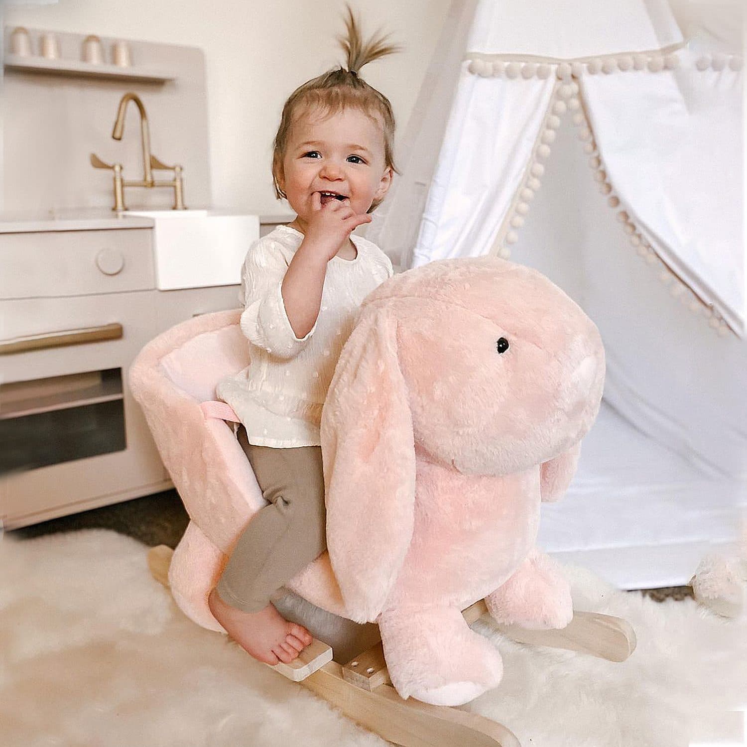 Pale Pink Plush Rocking Rabbit with Harness for Young Toddlers - image 1