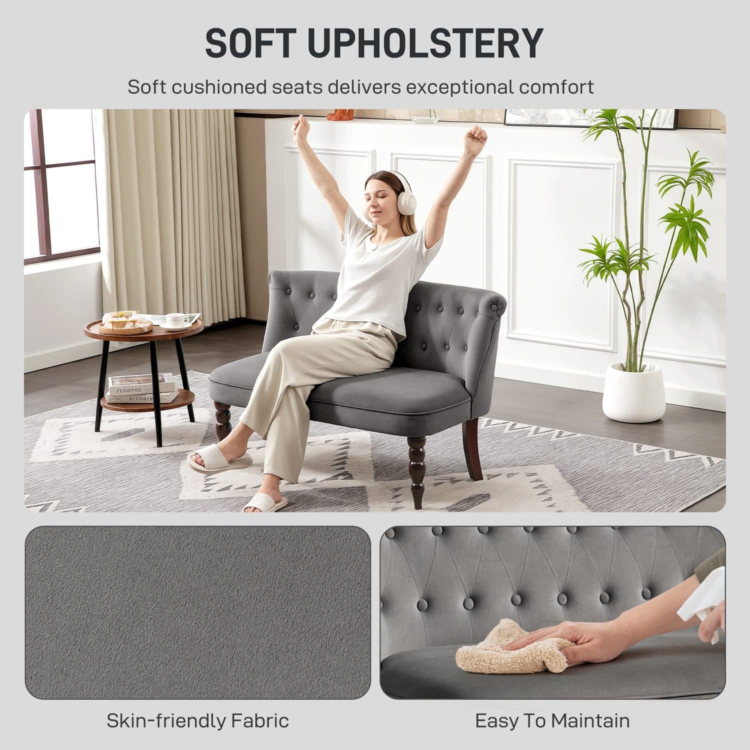 Button-Tufted Velvet Loveseat in Charcoal Grey with Turned Wood Legs - image 3