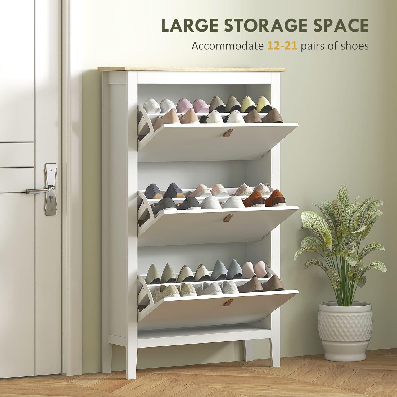 Three-Compartment Flip Shoe Cabinet with Oak-Effect Top, White - image 2