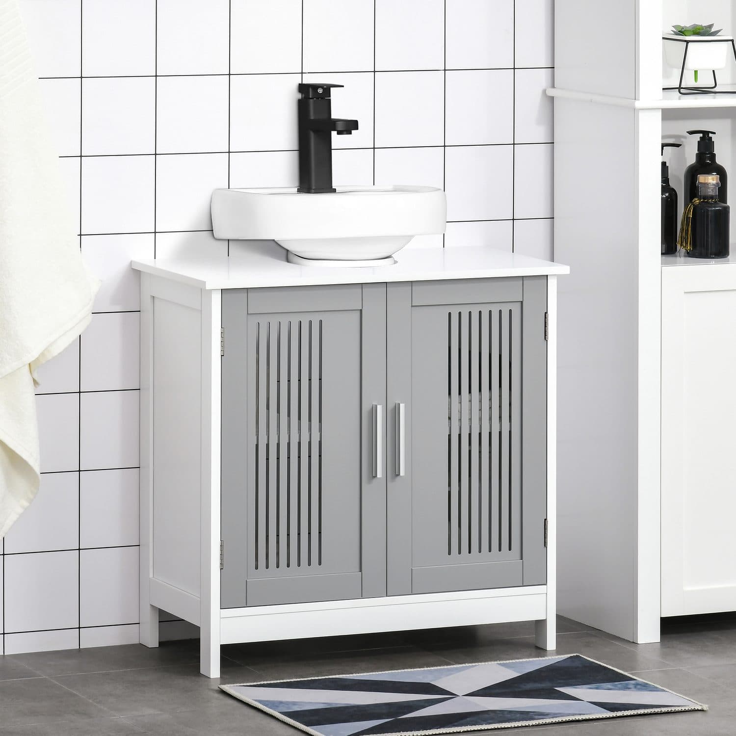 Grey Under-Sink Cabinet with Slatted Double Doors - image 4