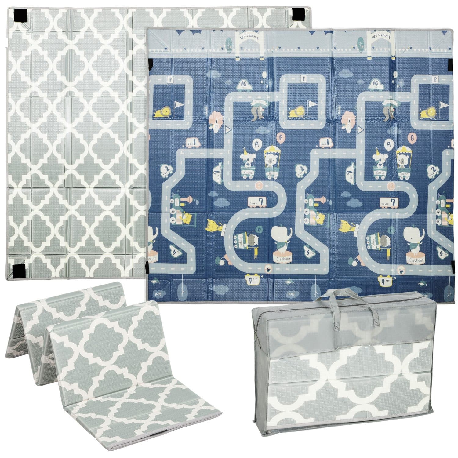 A padded reversible play mat for crawling and floor play - multi colored