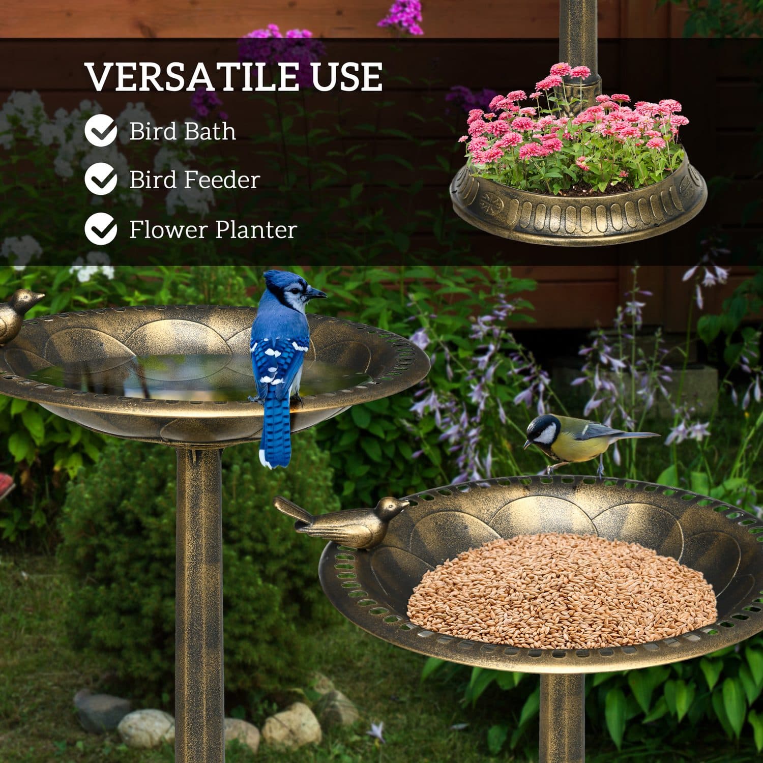 Vintage-Style Bird Bath with Flower Planter Base, Bronze Tone - image 4