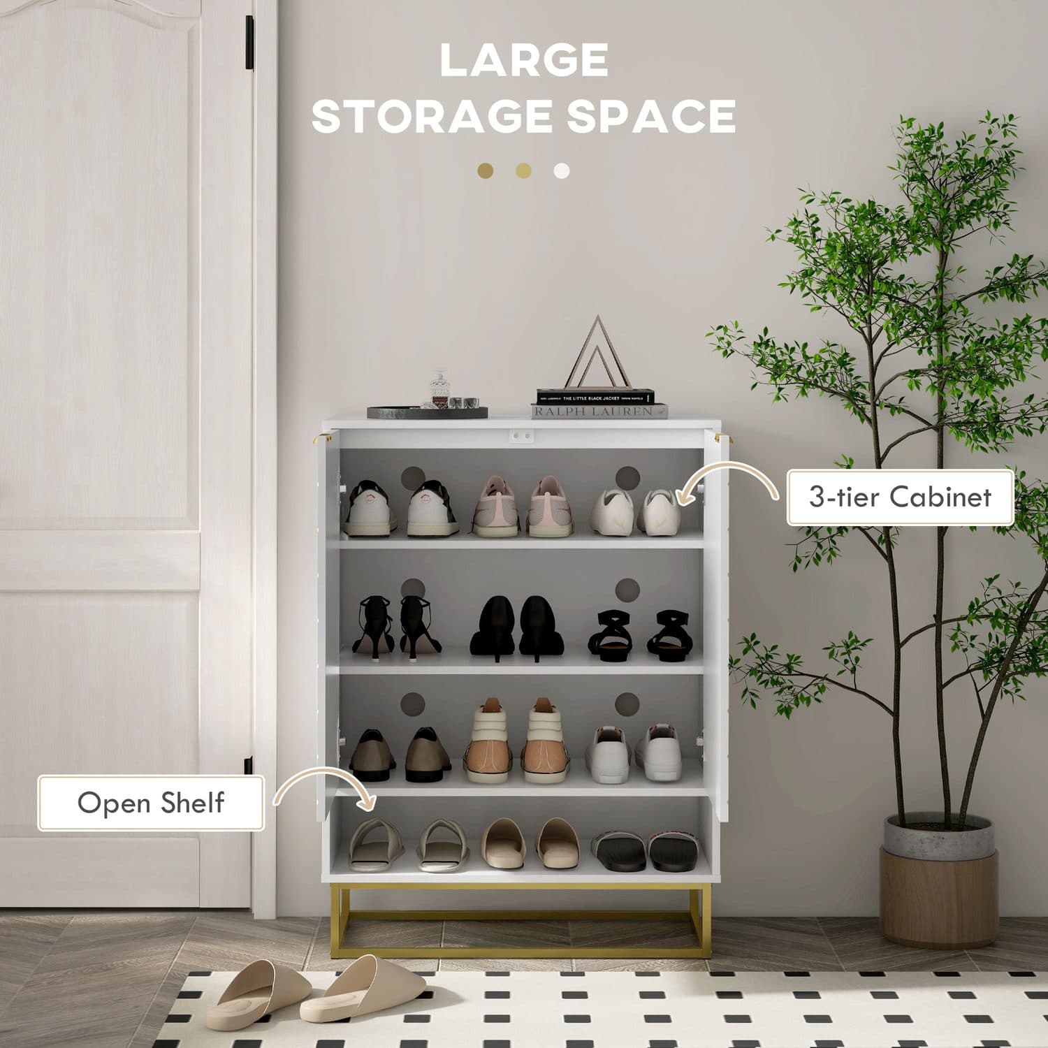 White Shoe Cabinet with Chevron Doors and Gold Base Frame - image 1