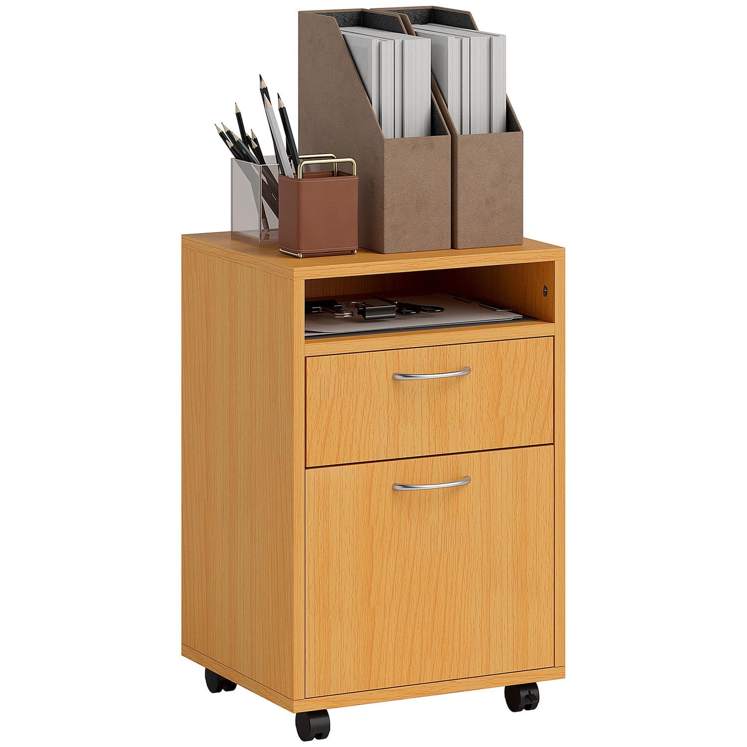 Keep paperwork organised with a compact filing cabinet - Natural wood finish