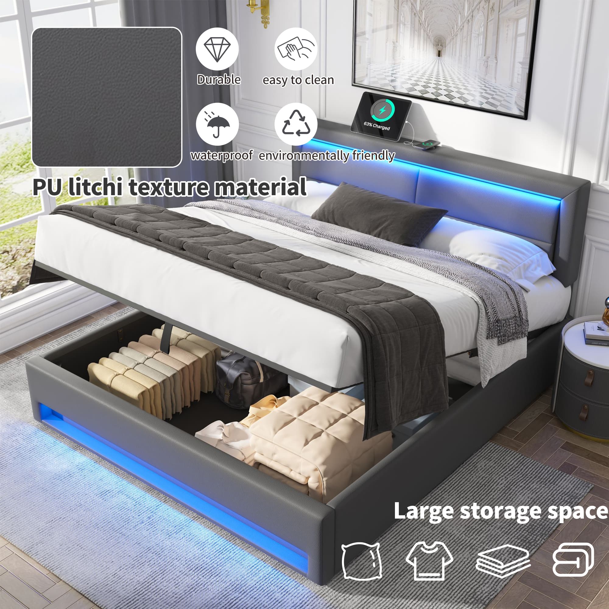 Modern Super King (6ft) Ottoman Bed with LED Lights & USB Charging - image 2