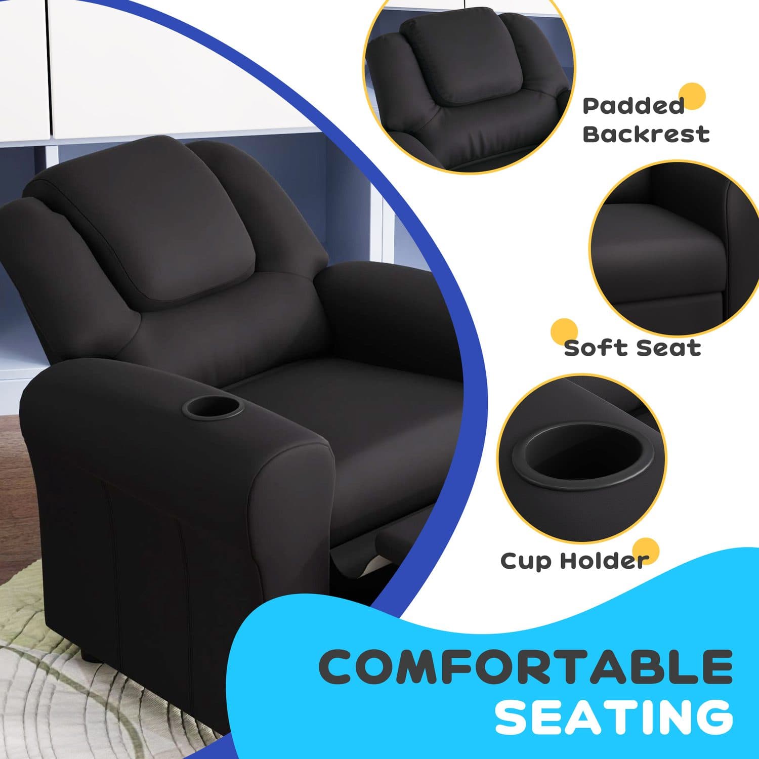 Children's Reclining Armchair in Black Faux Leather With Cup Holder - image 3