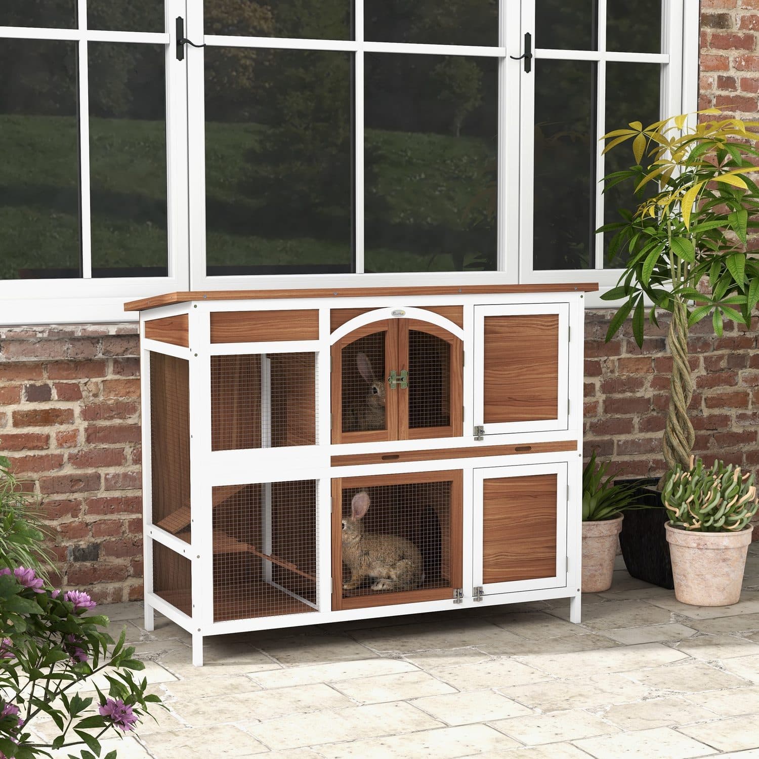 PawHut Two-Tier Wooden Pet Hutch with Openable Roof - image 3