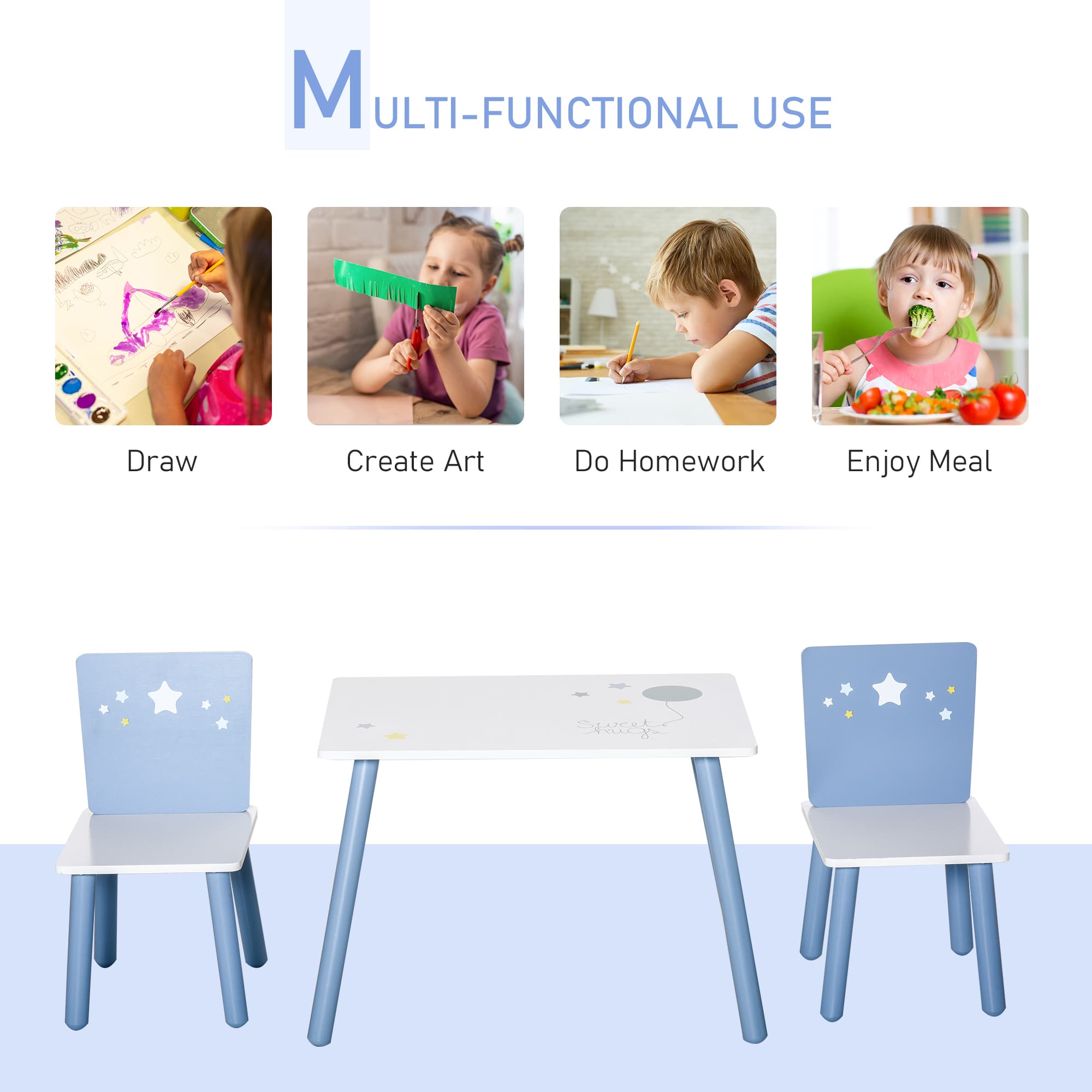 Blue and White Star-Print Kids Table and 2 Chairs Set - image 3