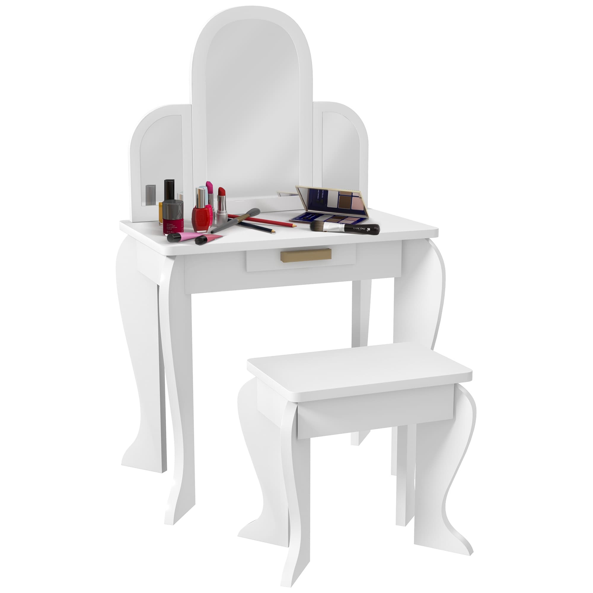 Kids' Vanity Table with Tri-Fold Mirror, Drawer and Stool – White - White
