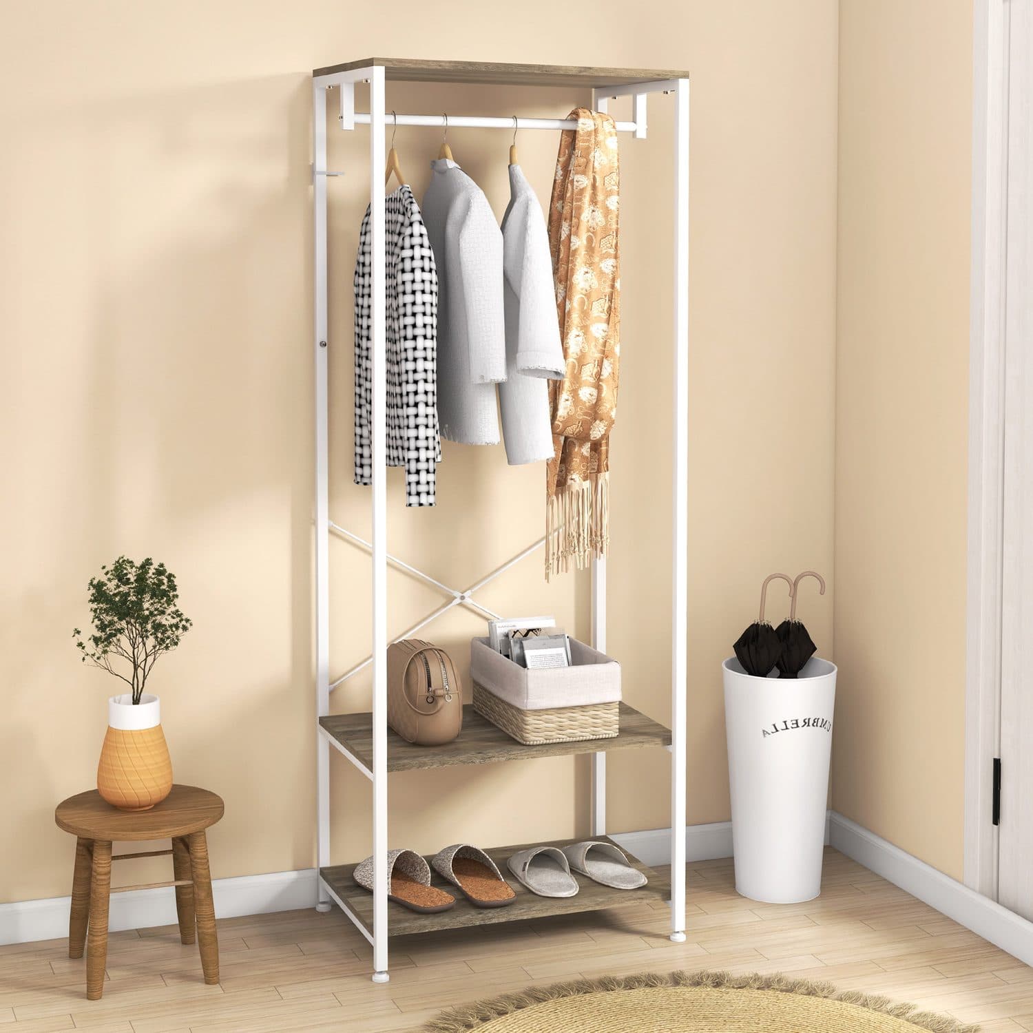 Coat Rack and Shoe Shelves for Hallways, White - image 1