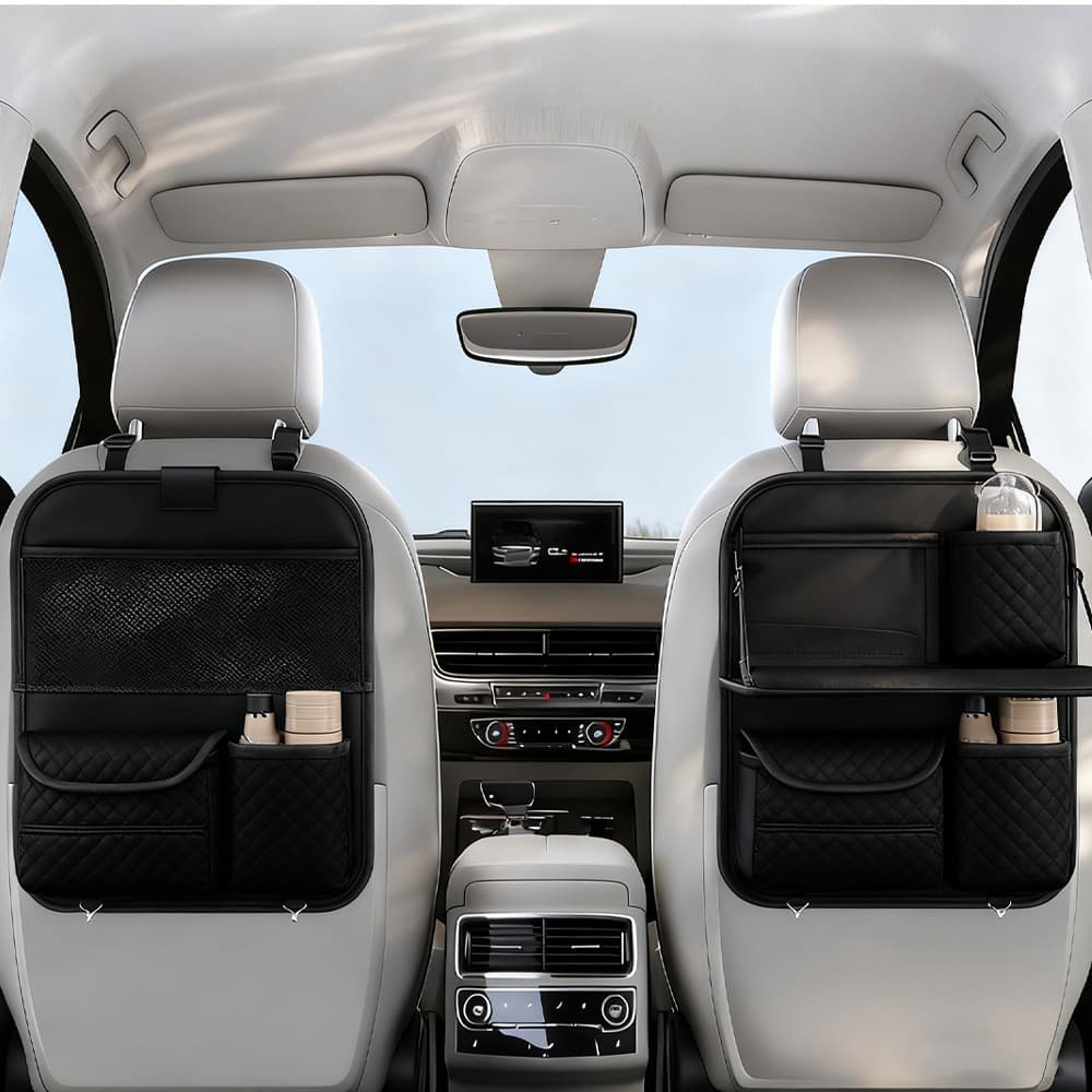 Black leather car back seat organiser with folding tray - image 1