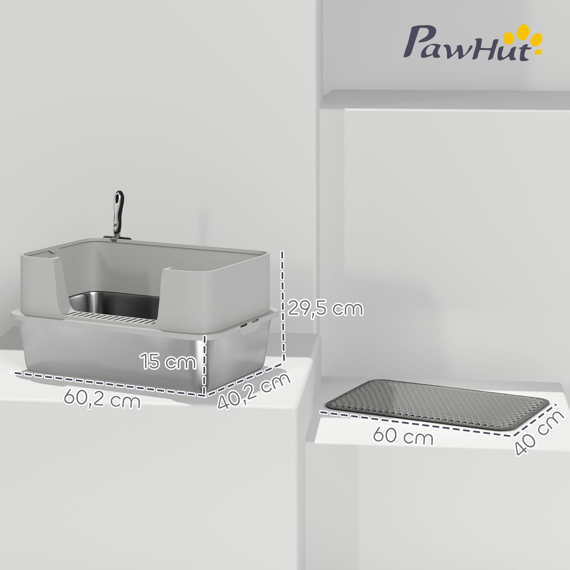 High-Sided Stainless Steel Litter Box with Mat and Scoop - image 1