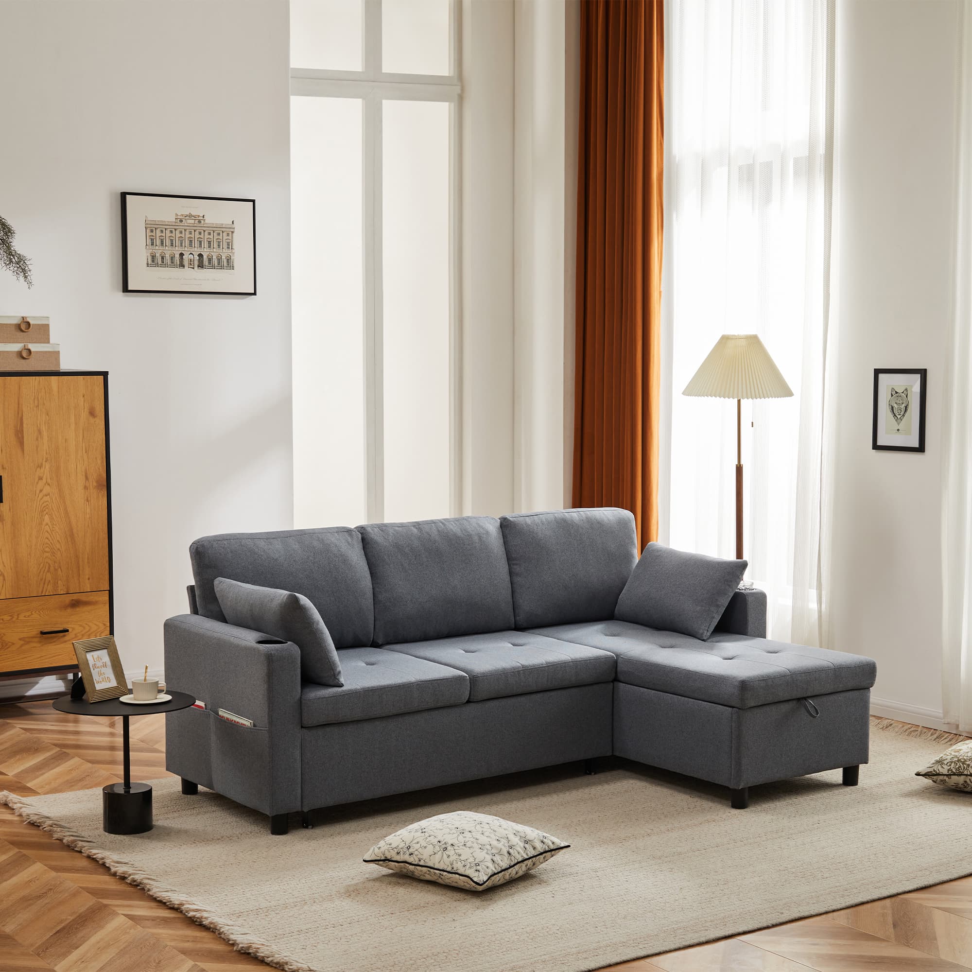 Grey L-Shaped Sofa Bed with Hidden Storage