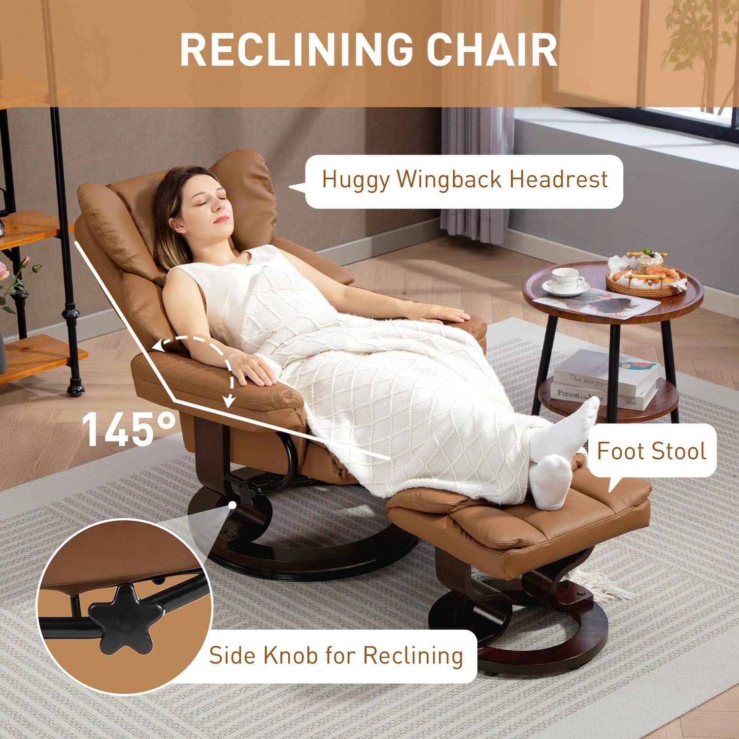 Reclining Armchair and Footstool in Tan Faux Leather - image 3