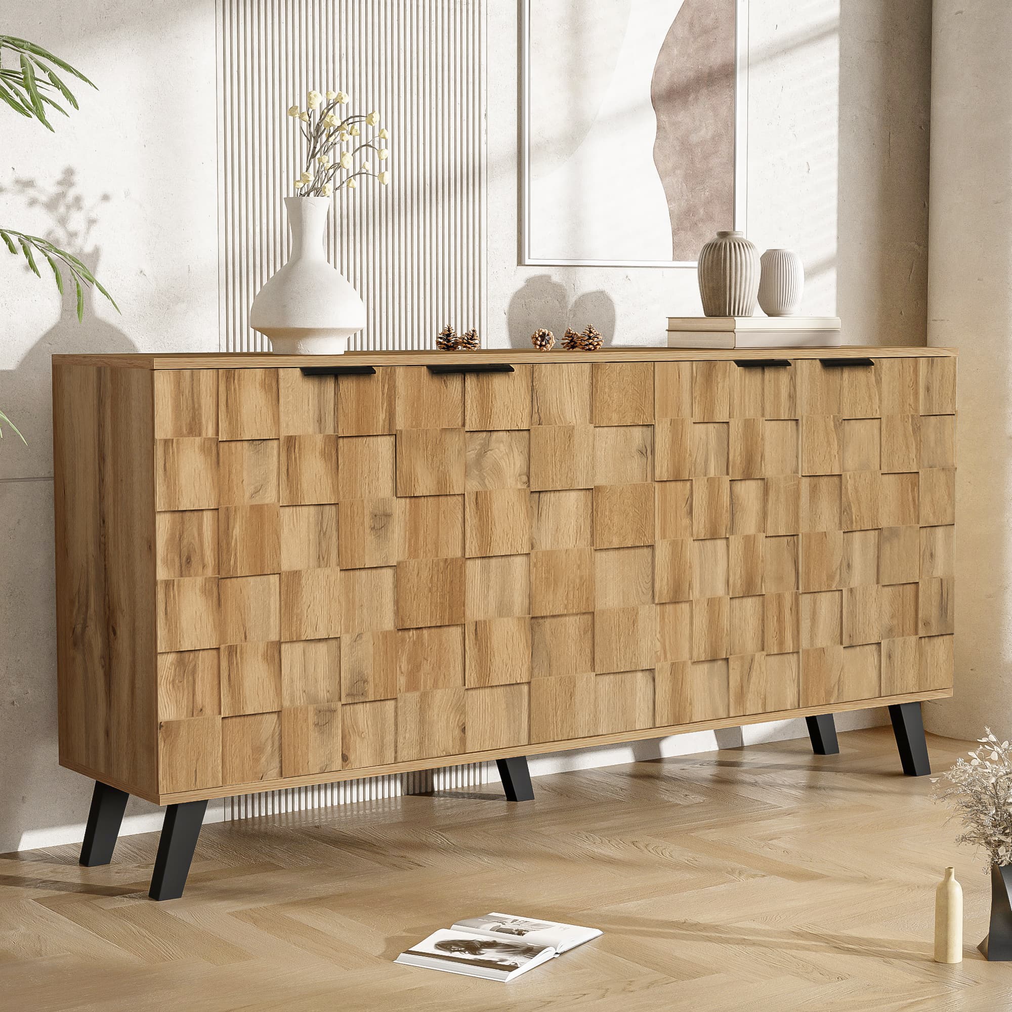 150 cm Sideboard with Textured 4-Door Front and Oak Finish - image 5