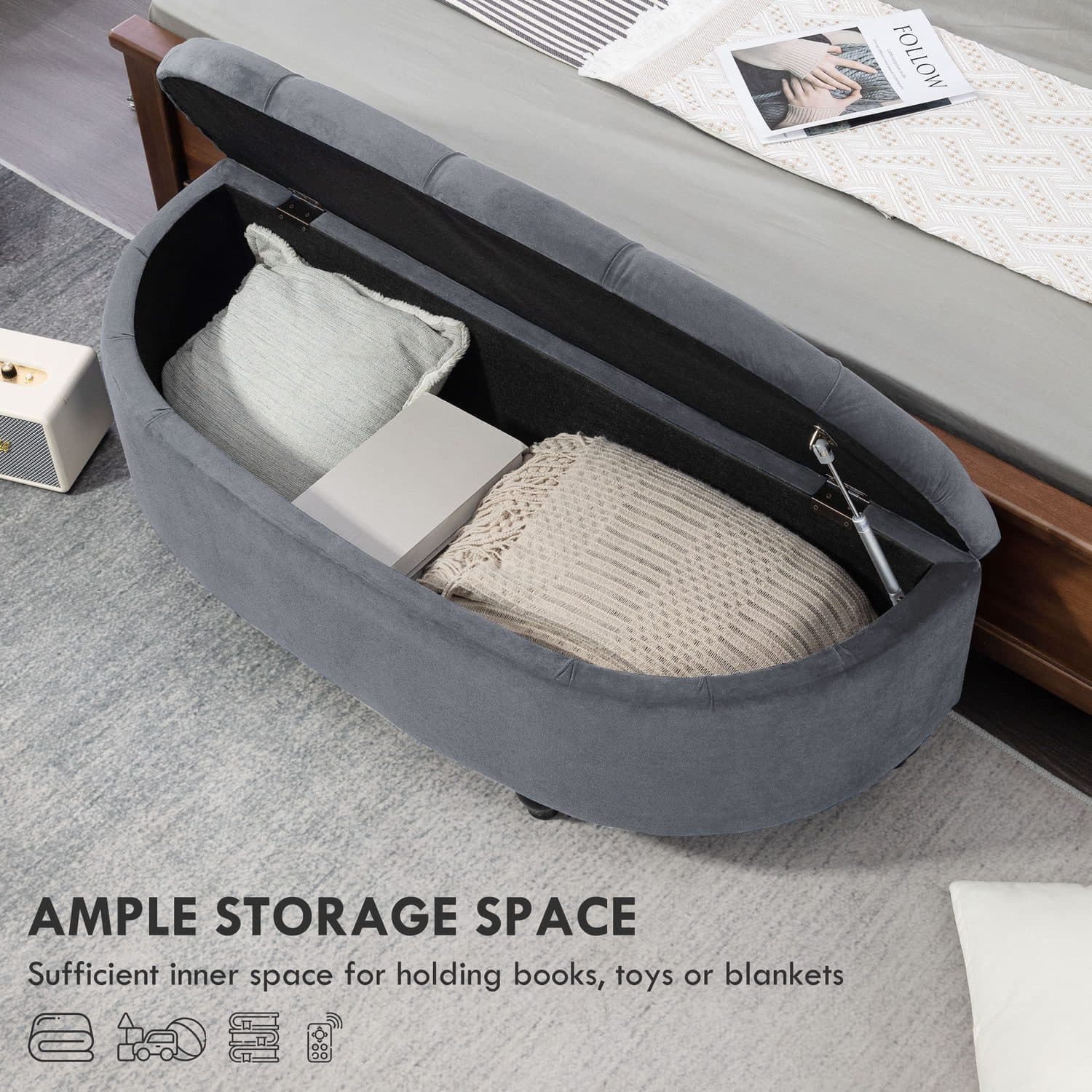 Half-Circle Storage Ottoman in Grey Velvet-Feel Fabric With Tufted Lid - image 5