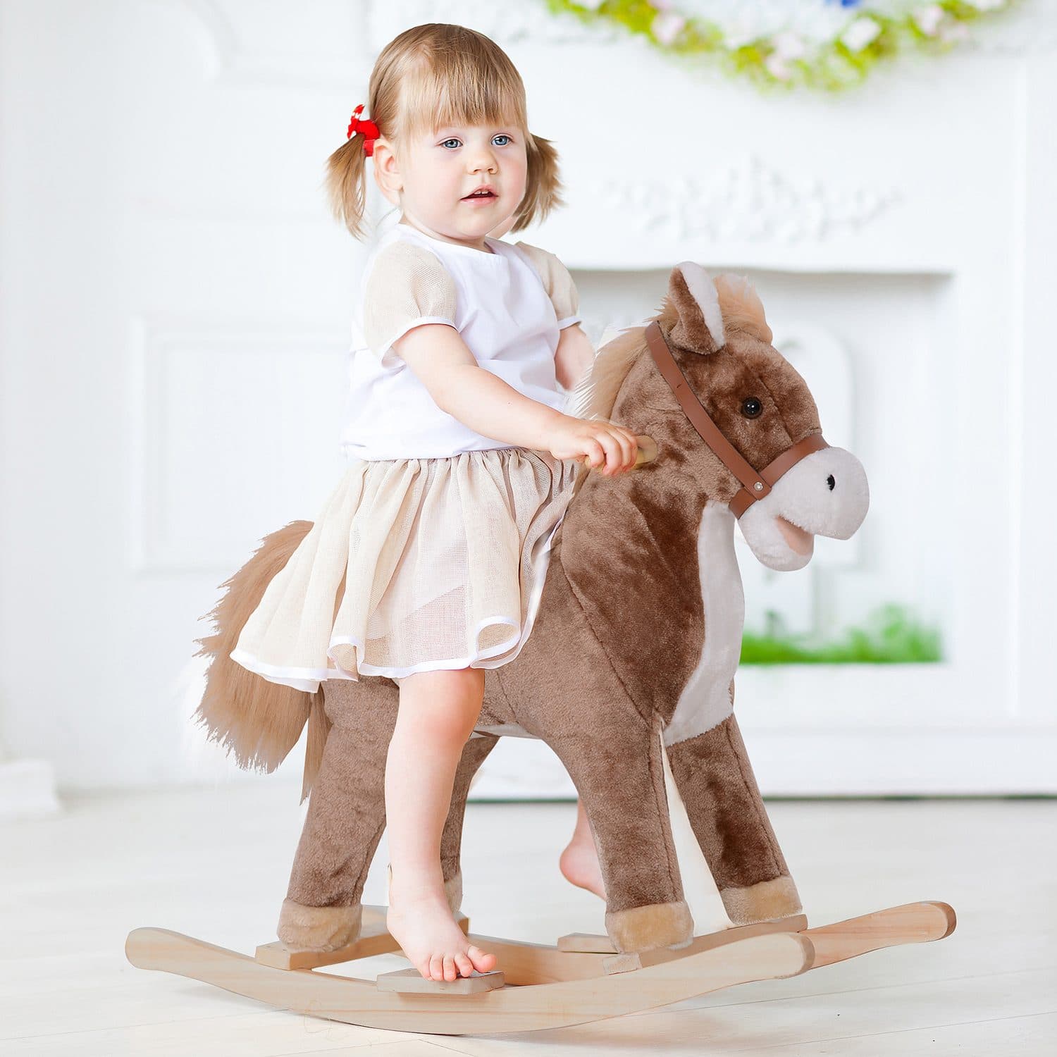 Plush Rocking Horse for Kids — Brown and White with Wooden Base - image 3