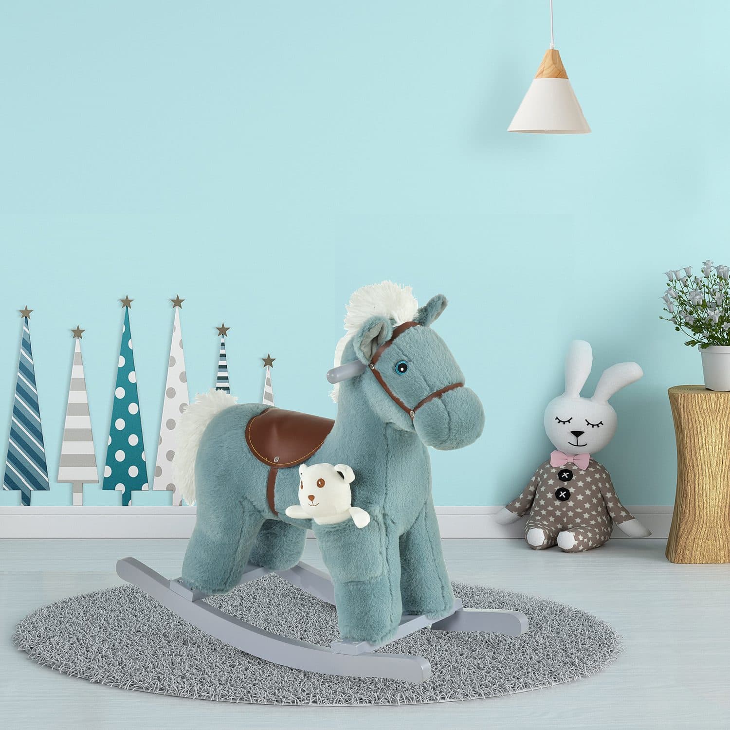 Teal Plush Rocking Horse with Teddy Bear, Ages 18–36 Months - image 1