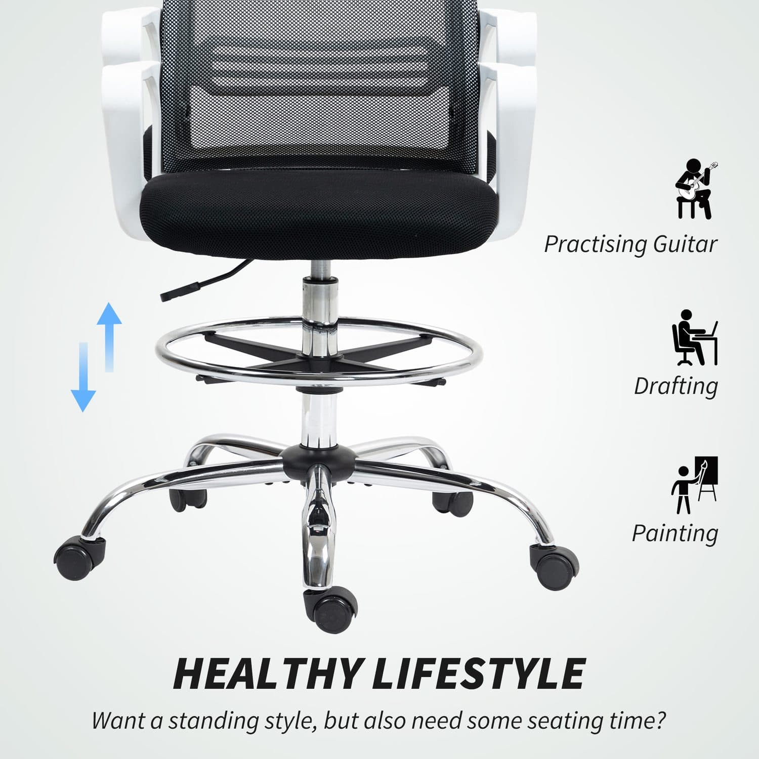 Tall Mesh Draughtsman Chair with Chrome Footring and Armrests - image 2
