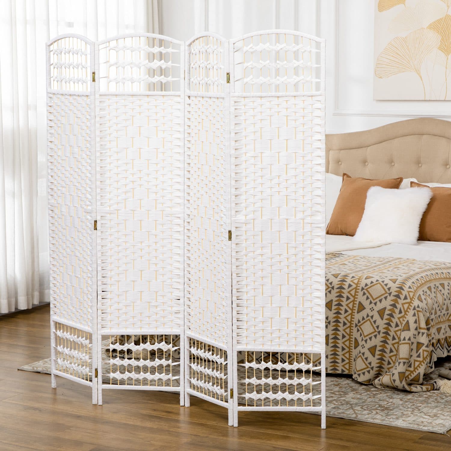 White Woven 4-Panel Folding Room Divider, 160 x 170cm - image 3