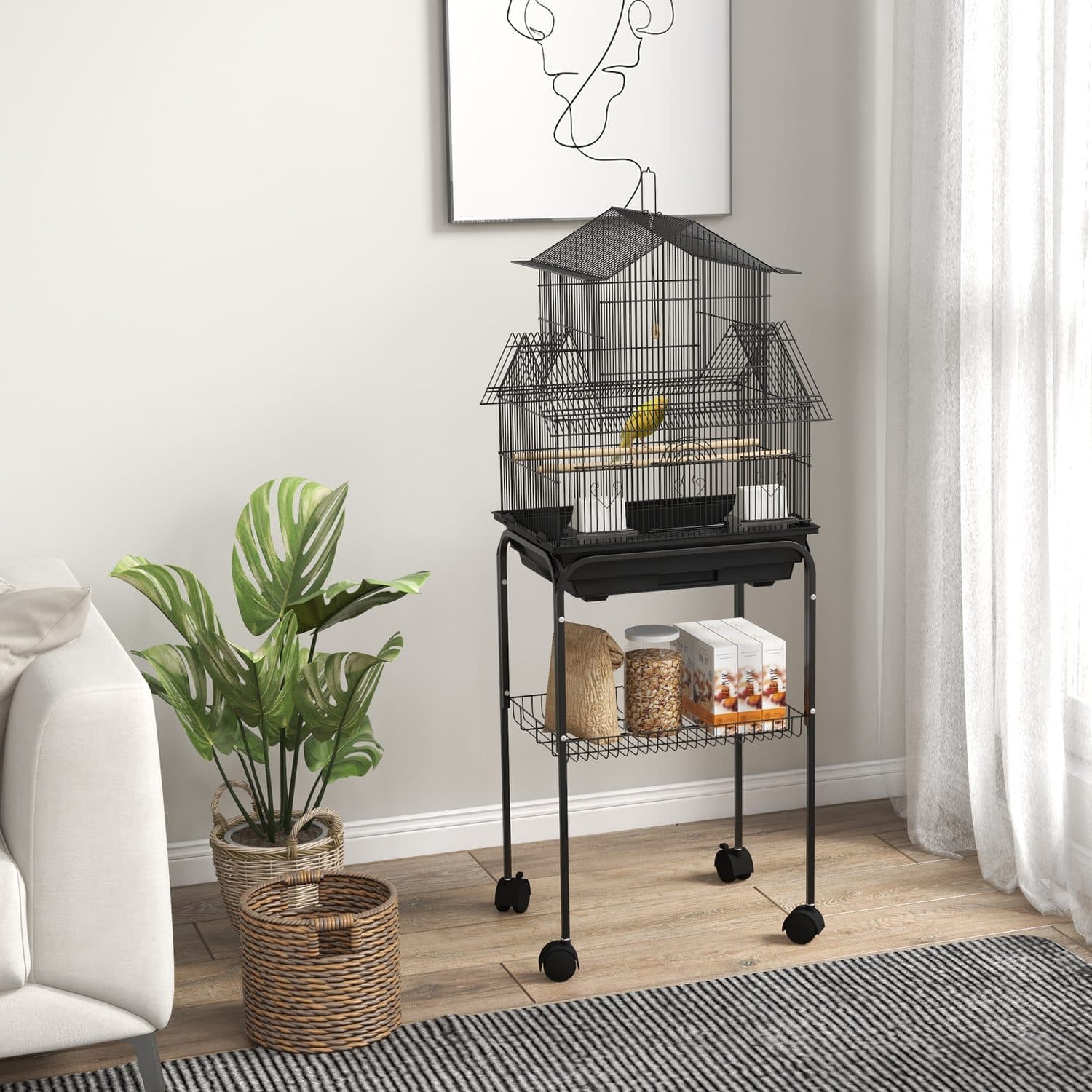 PawHut Metal Bird Cage with Swing, Perch and Storage Shelf - image 1