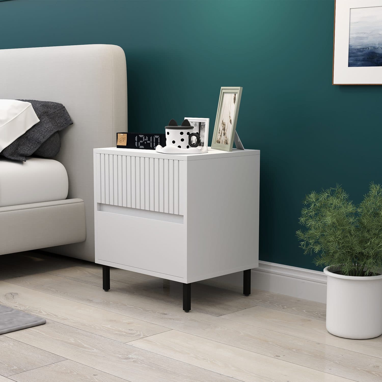 Modern White Two-Drawer Bedside Table with Steel Legs - image 3