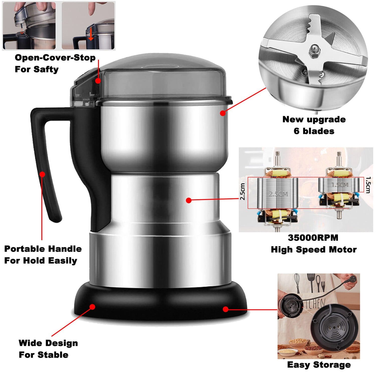 Electric Coffee & Spice Grinder with Powerful 300W Motor - Asshown
