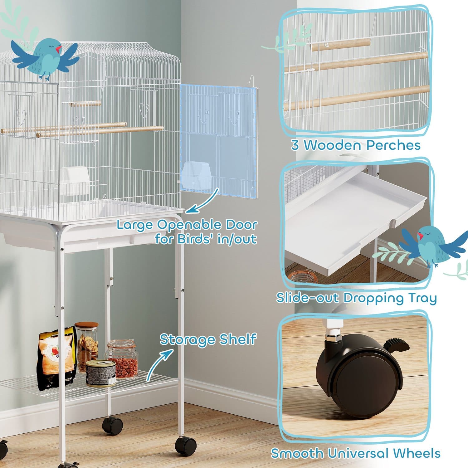 A Spacious Bird Cage on Wheels with Wooden Perches - image 2