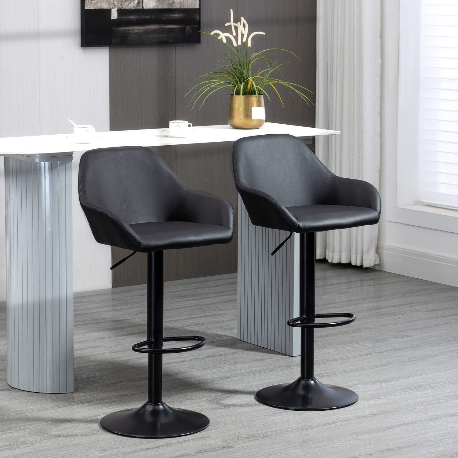 Height-Adjustable Grey Bar Stools with Arms and Footrest — Set of 2 - image 2