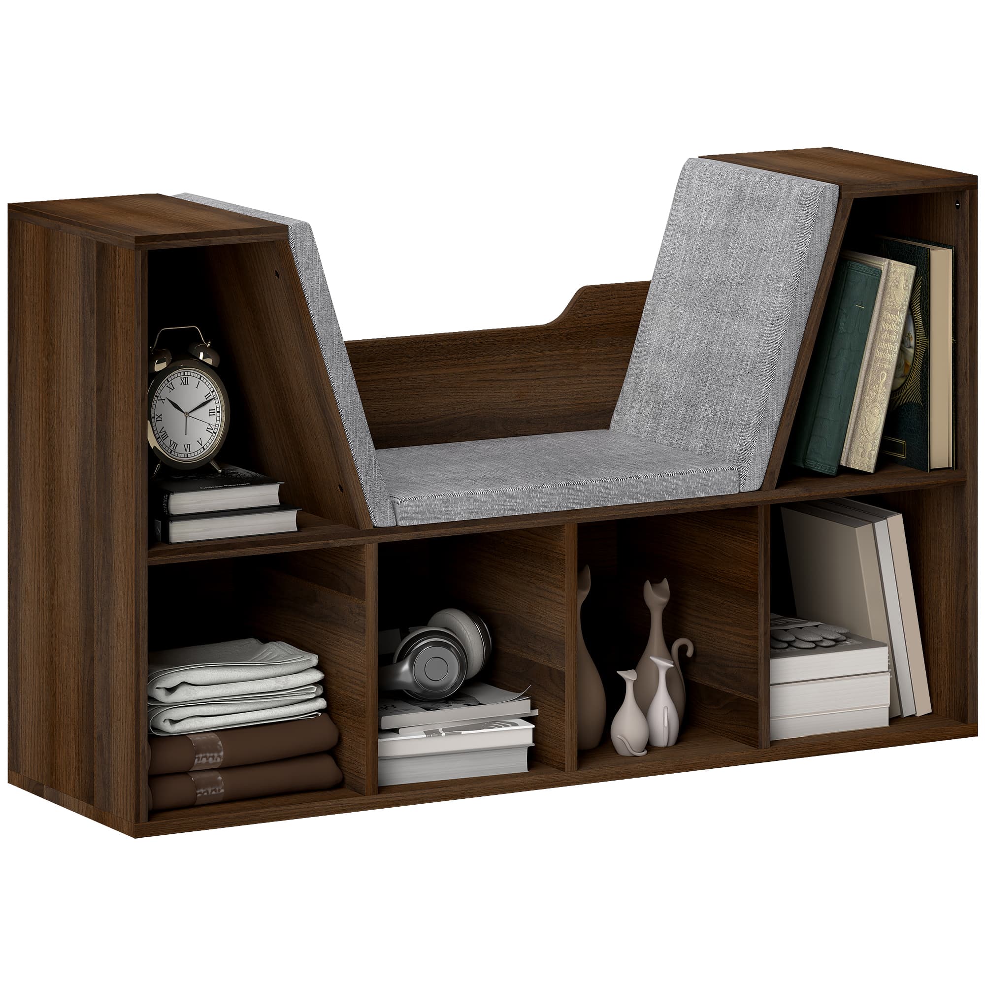 Six-Cube Bookcase With Padded Reading Nook, Chestnut