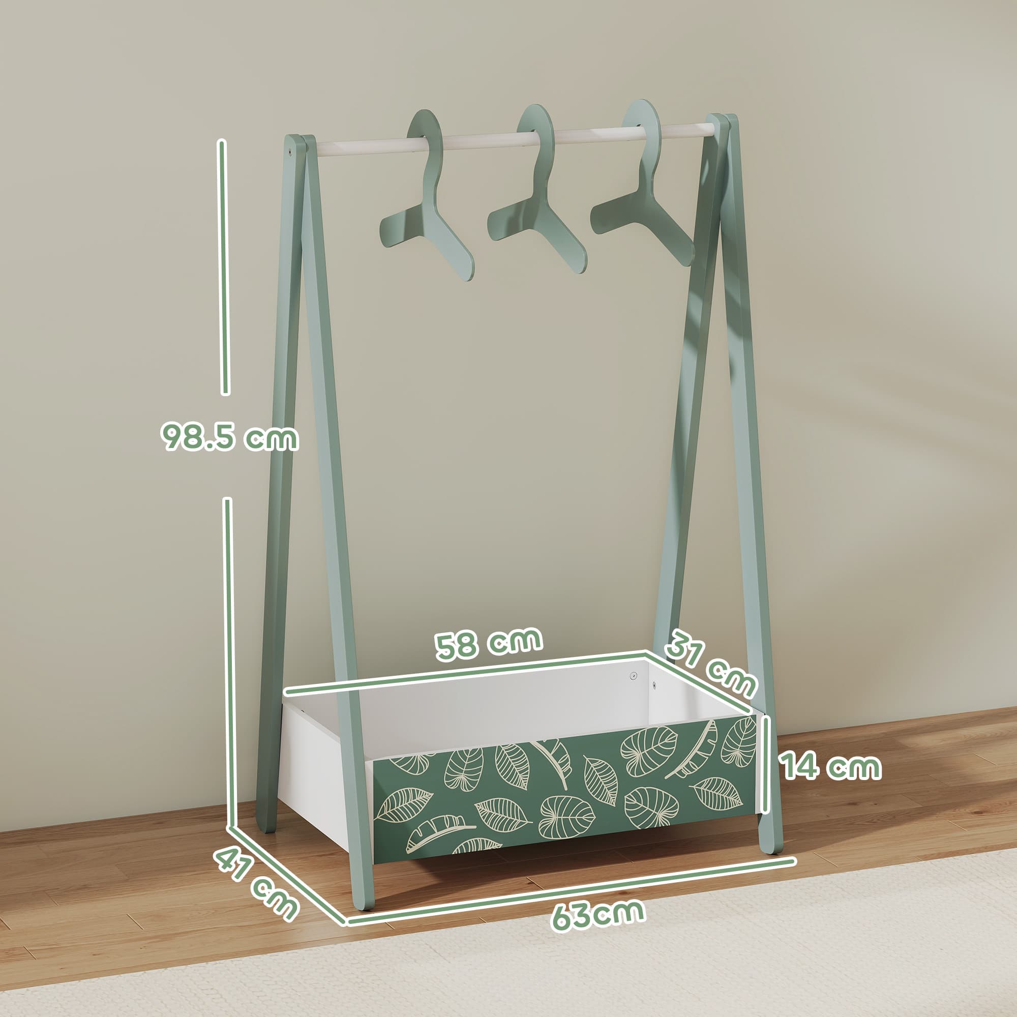 A children's clothing rack with leaf print storage box and hangers - image 4