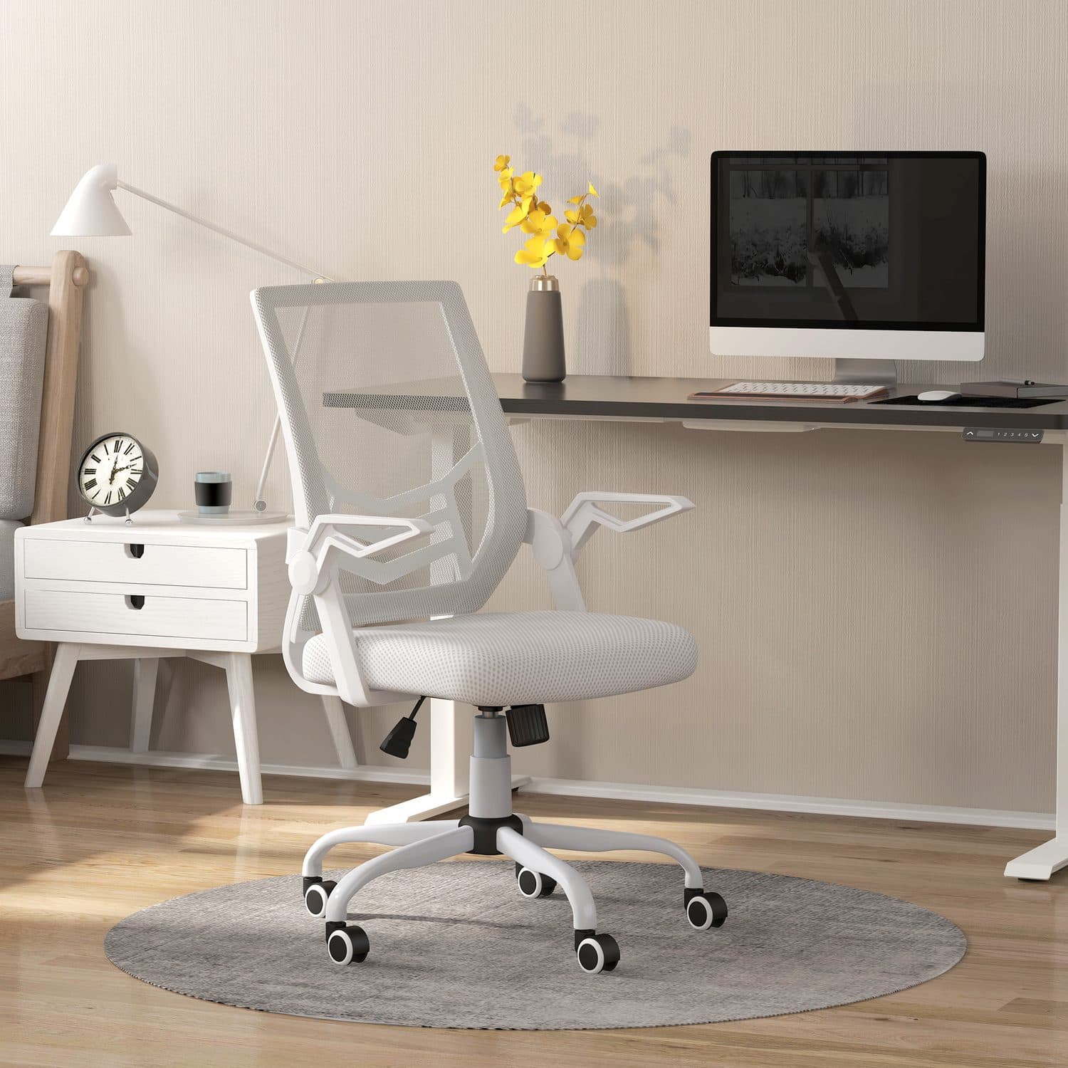 White Mesh Office Chair with Flip-Up Arms and Built-In Lumbar Support - image 5