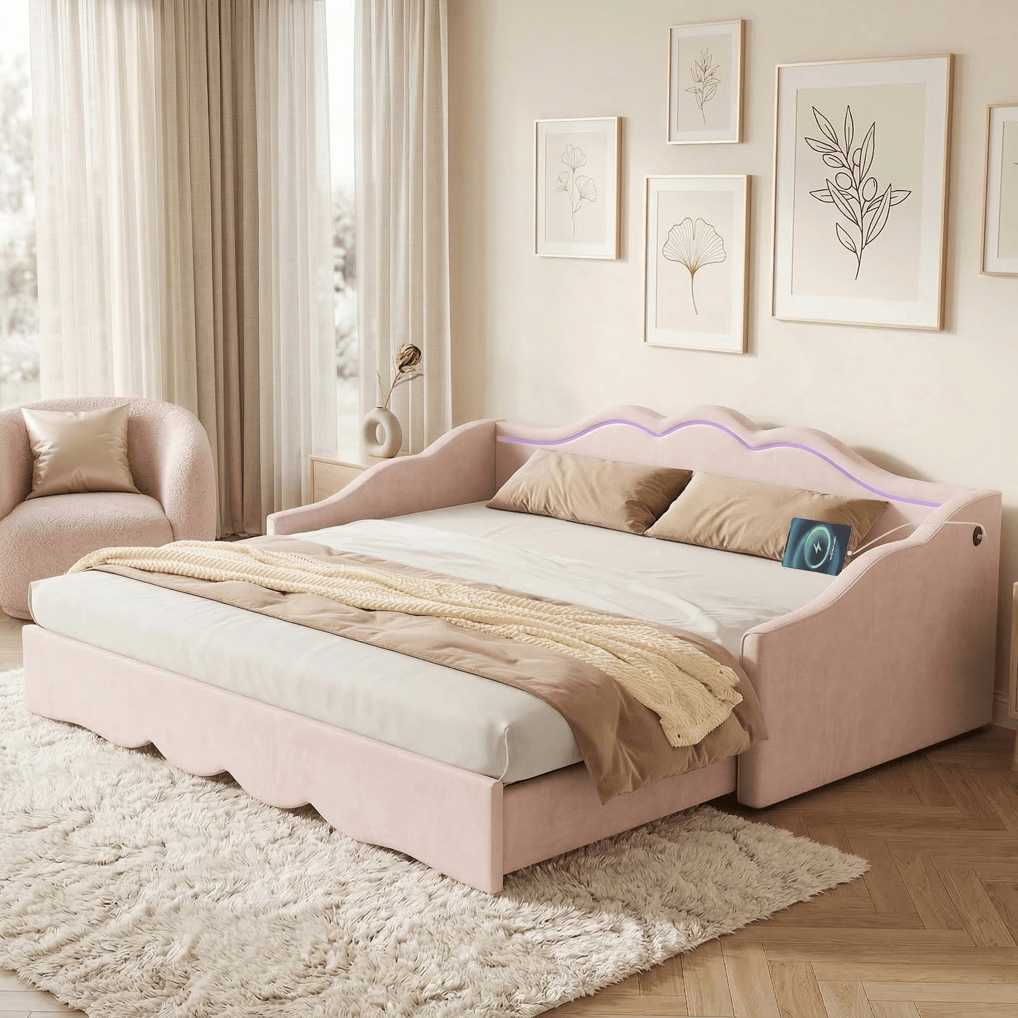 Extendable Pink Velvet Daybed