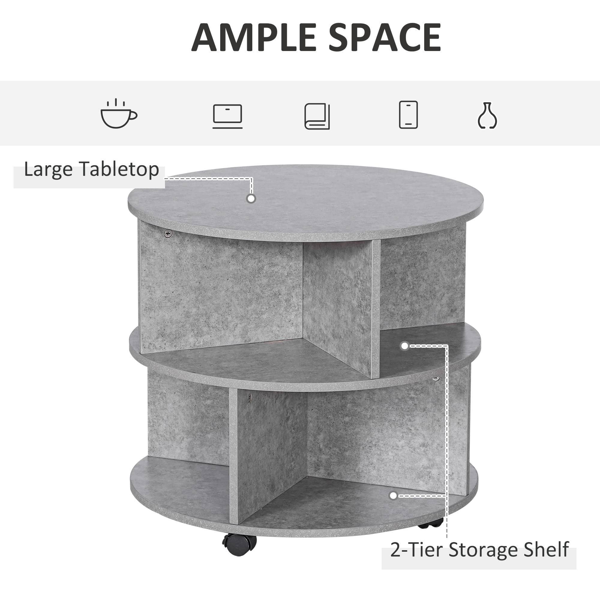 Round Side Table with Wheels and Divided Lower Shelf — Cement - image 5