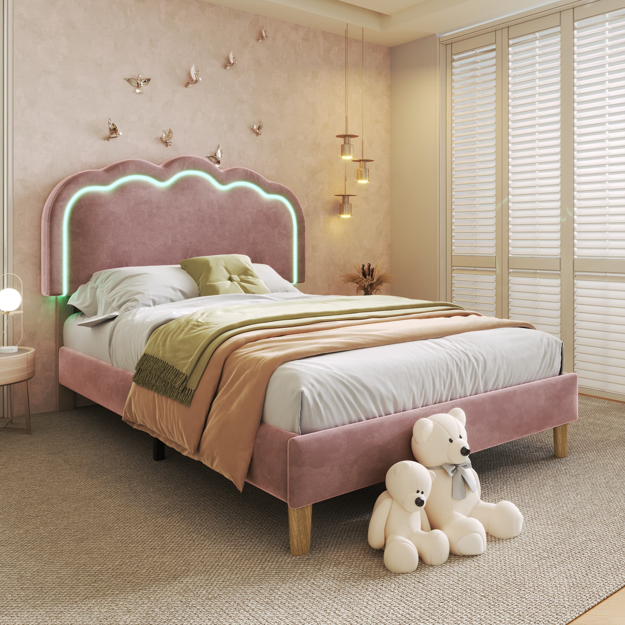 Pink Velvet Bed & LED Headboard - image 2