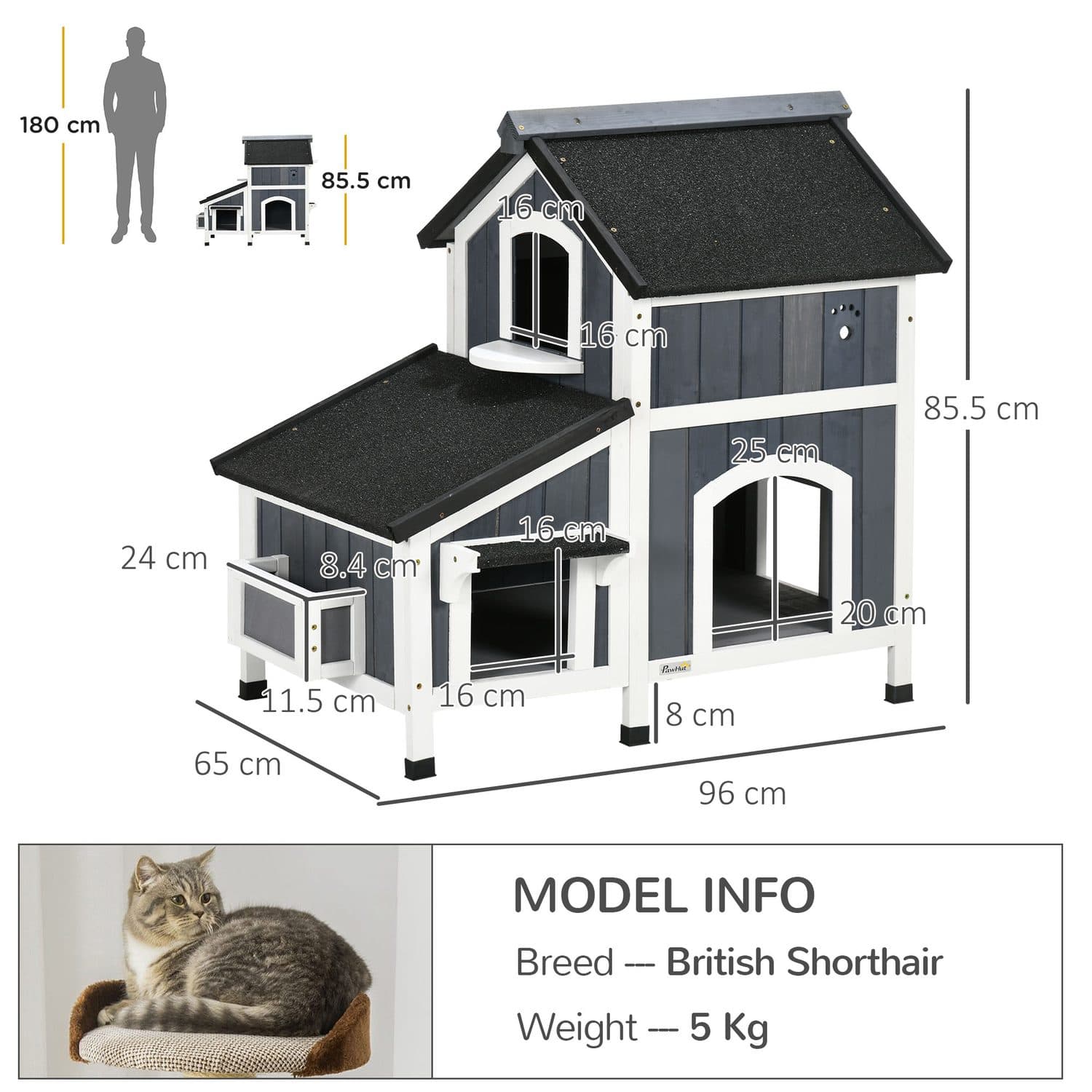 PawHut Wooden Cat House with Flower Pot and Windows, Grey - image 5