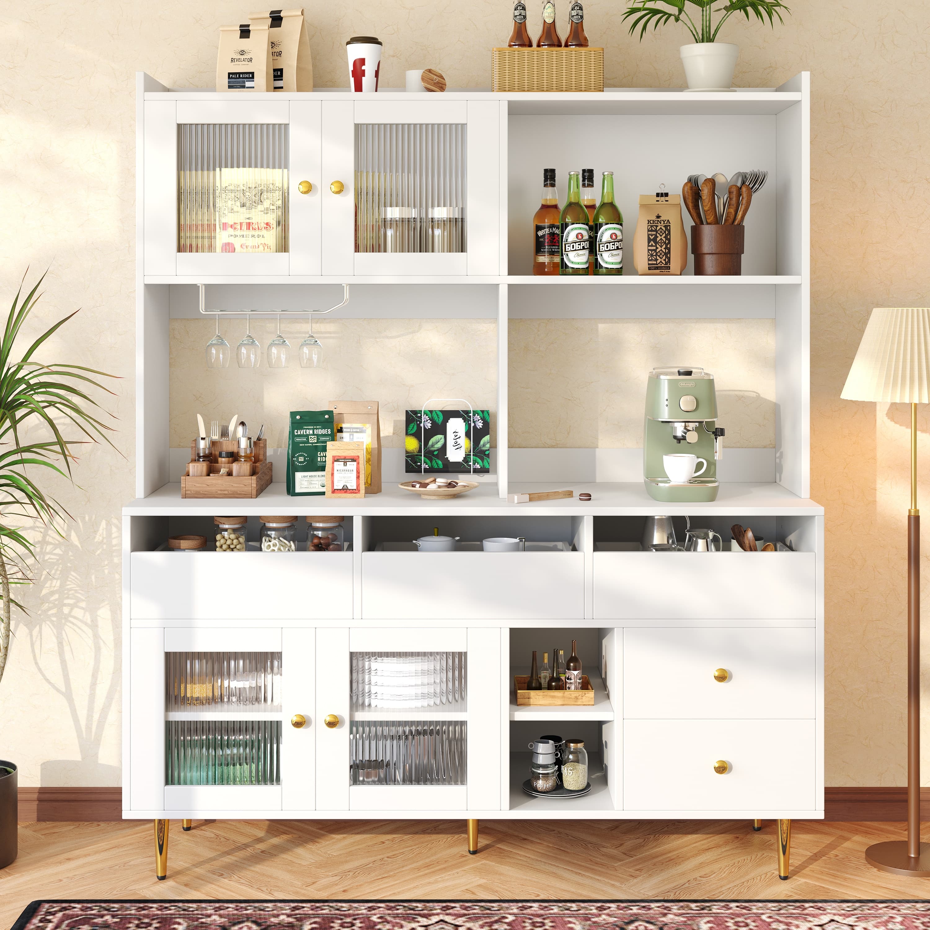 Tall White and Gold Storage Cabinet with Reeded Glass Doors