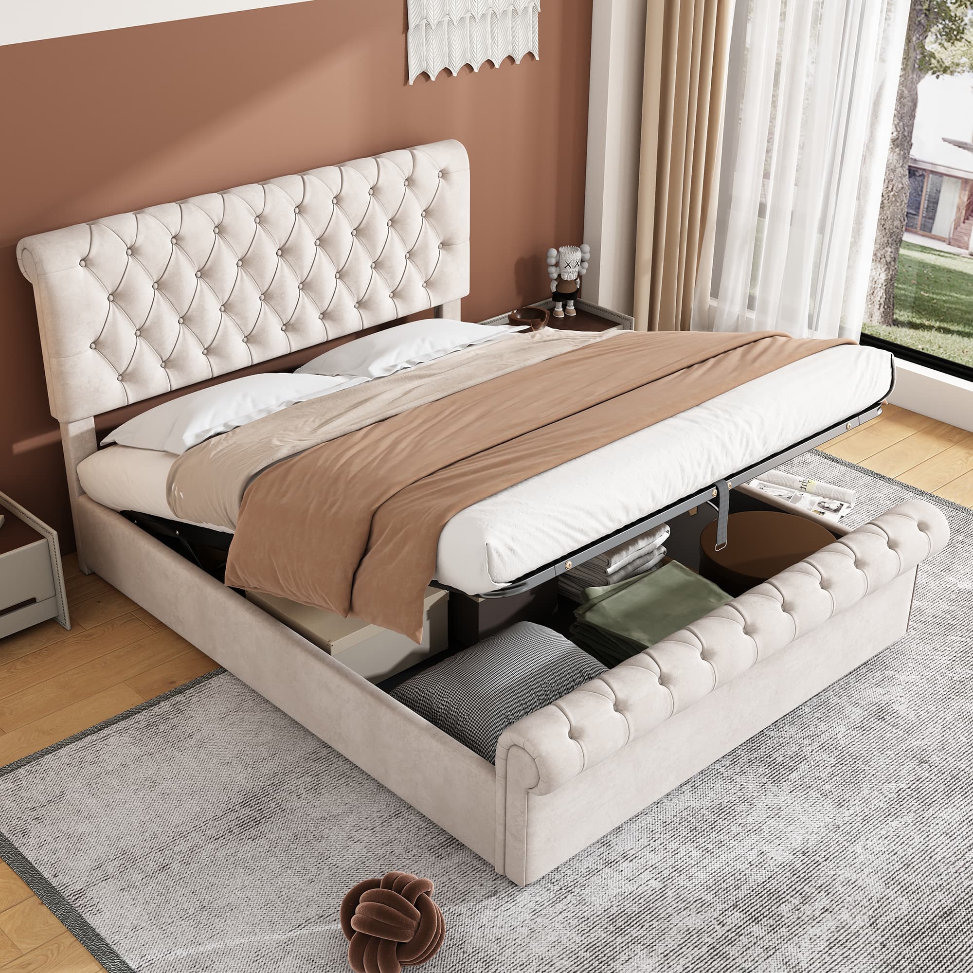 Beige Velvet Sleigh Bed with Hidden Storage