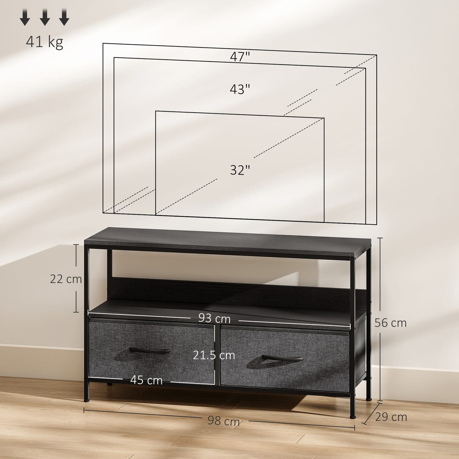 Modern Black TV Stand with Foldable Fabric Drawers - image 2