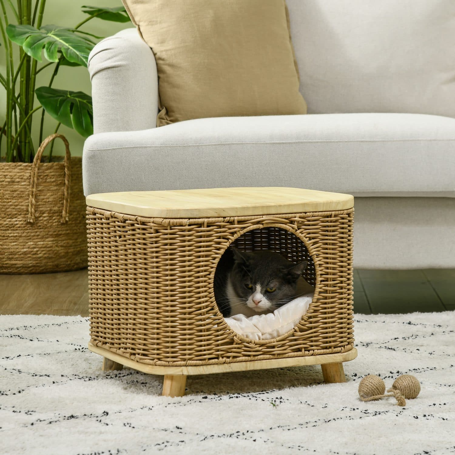 PawHut Elevated Wicker Cat House, Light Brown - image 4