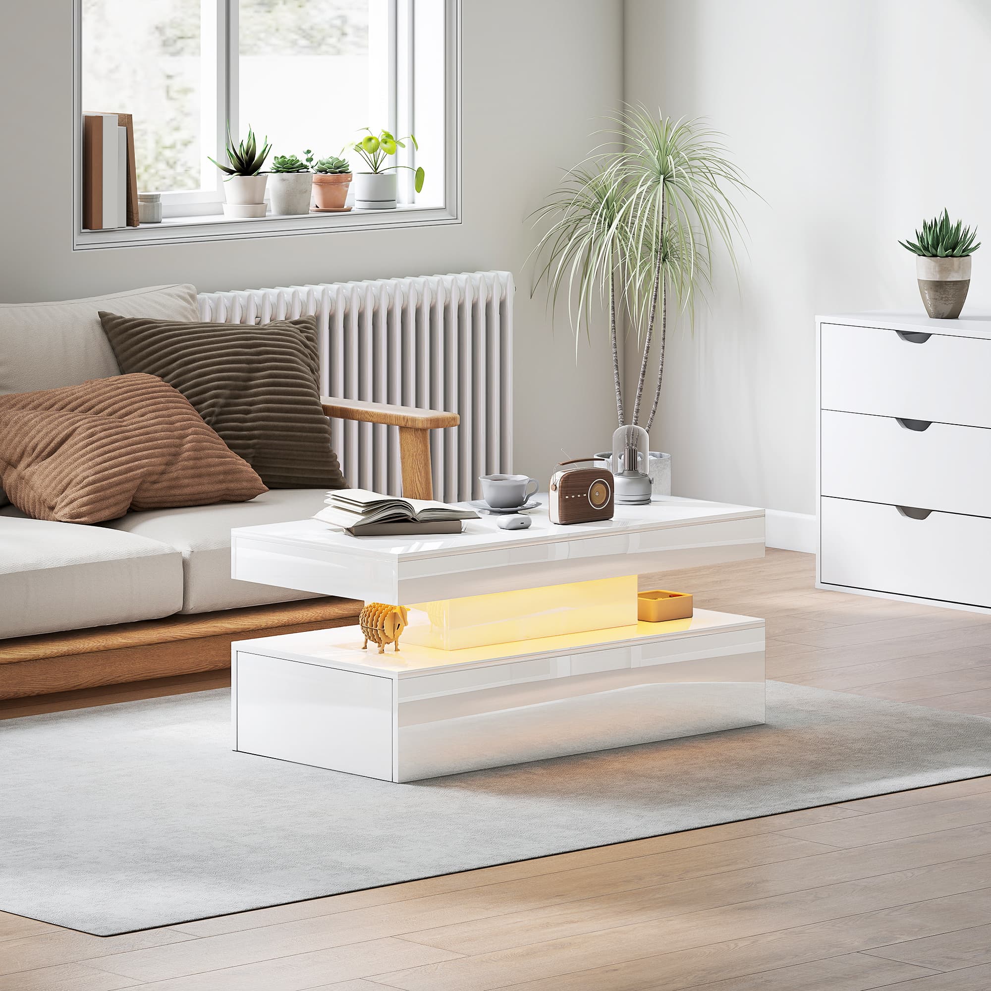 High Gloss White Coffee Table with LED Lighting and Storage - image 4