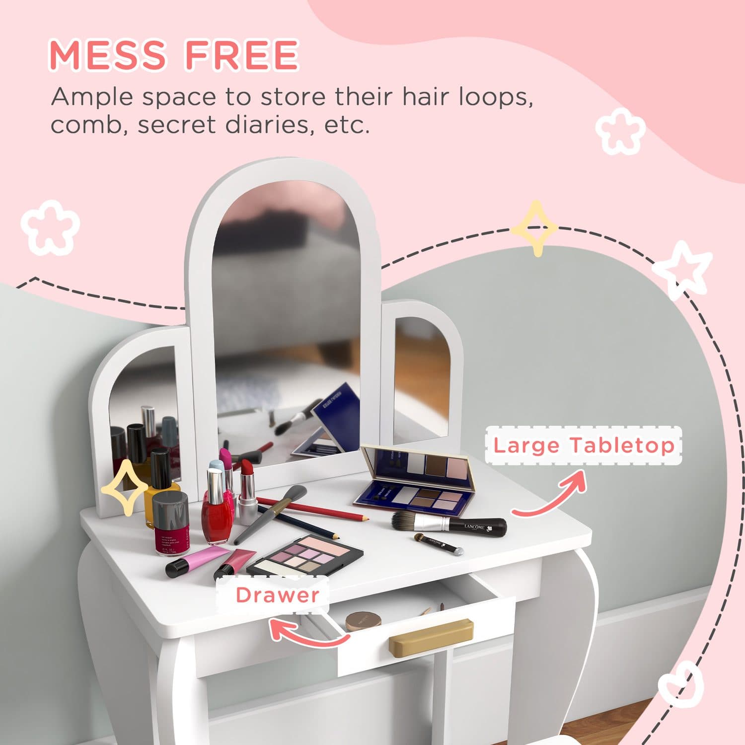 Kids' Vanity Table with Tri-Fold Mirror, Drawer and Stool – White - image 3