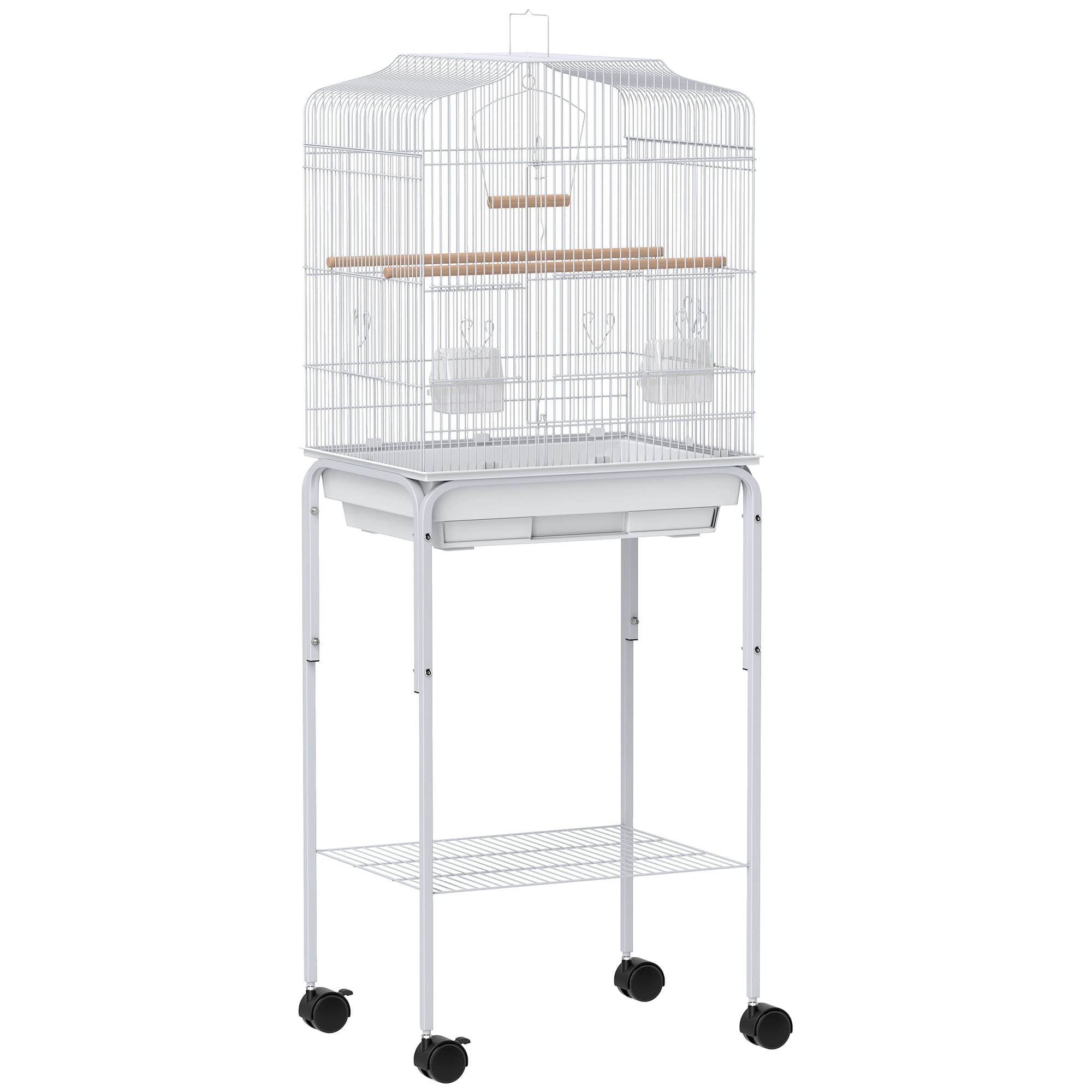 A Spacious Bird Cage on Wheels with Wooden Perches