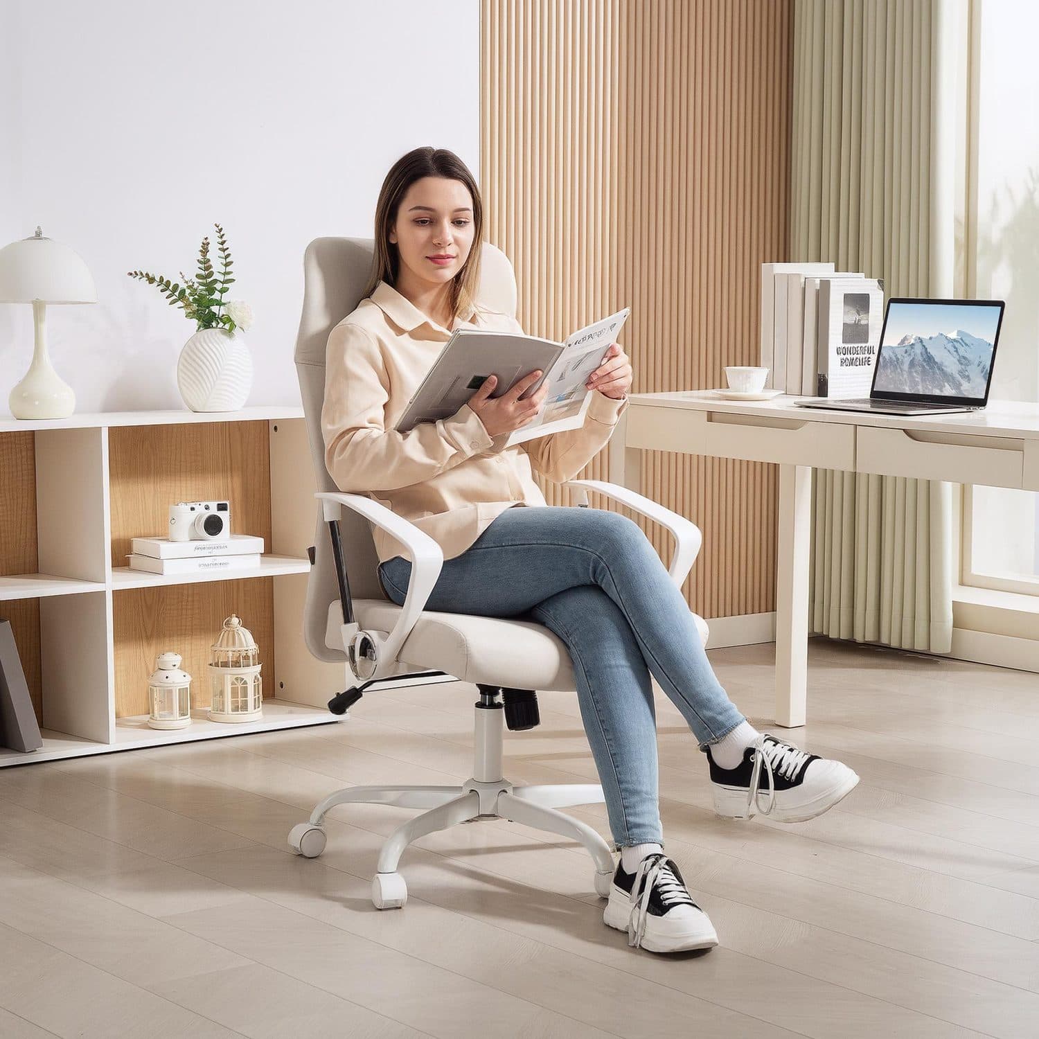Cream White Fabric High Back Office Chair for All-Day Comfort - image 4