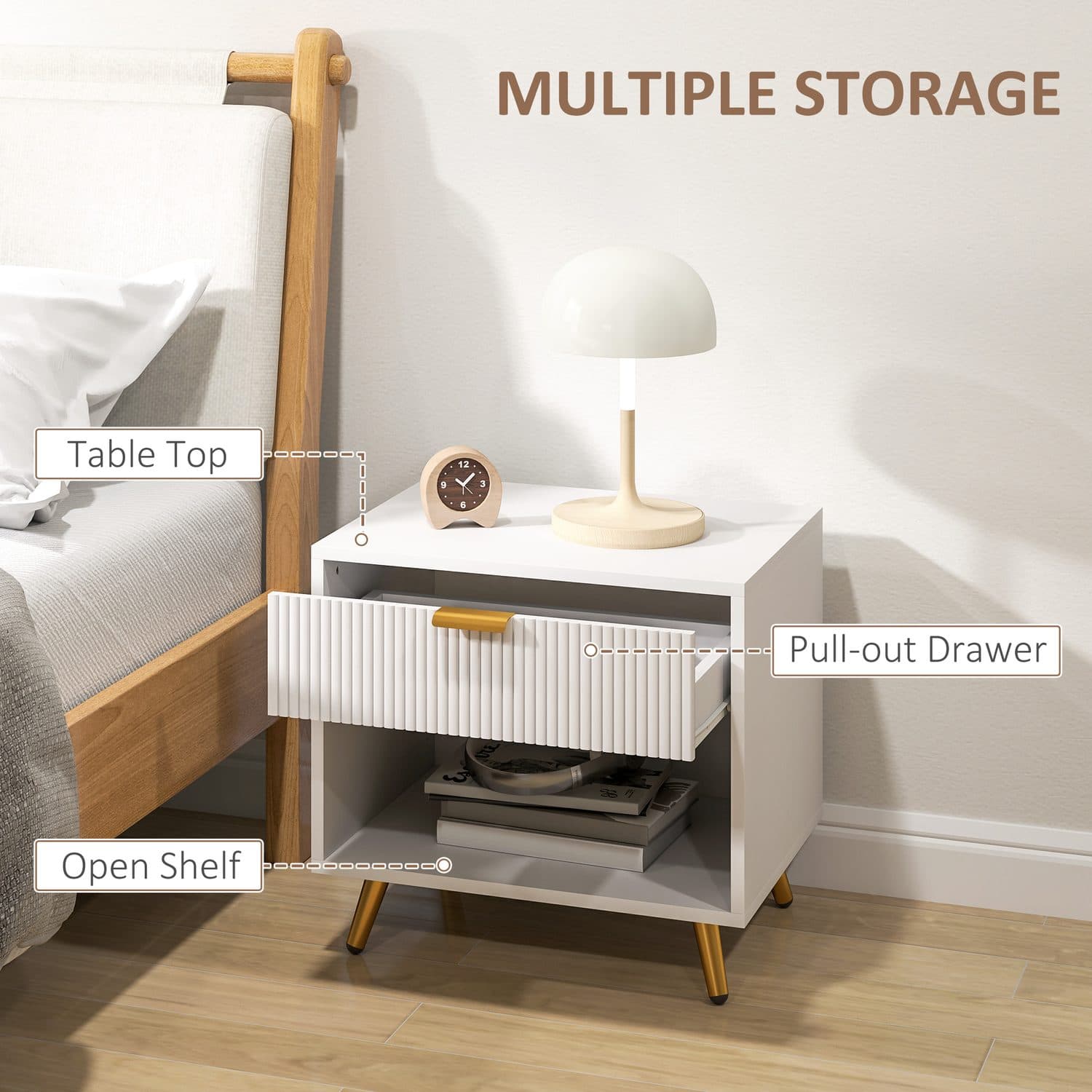White Bedside Table with Drawer and Gold Tone Legs - image 5