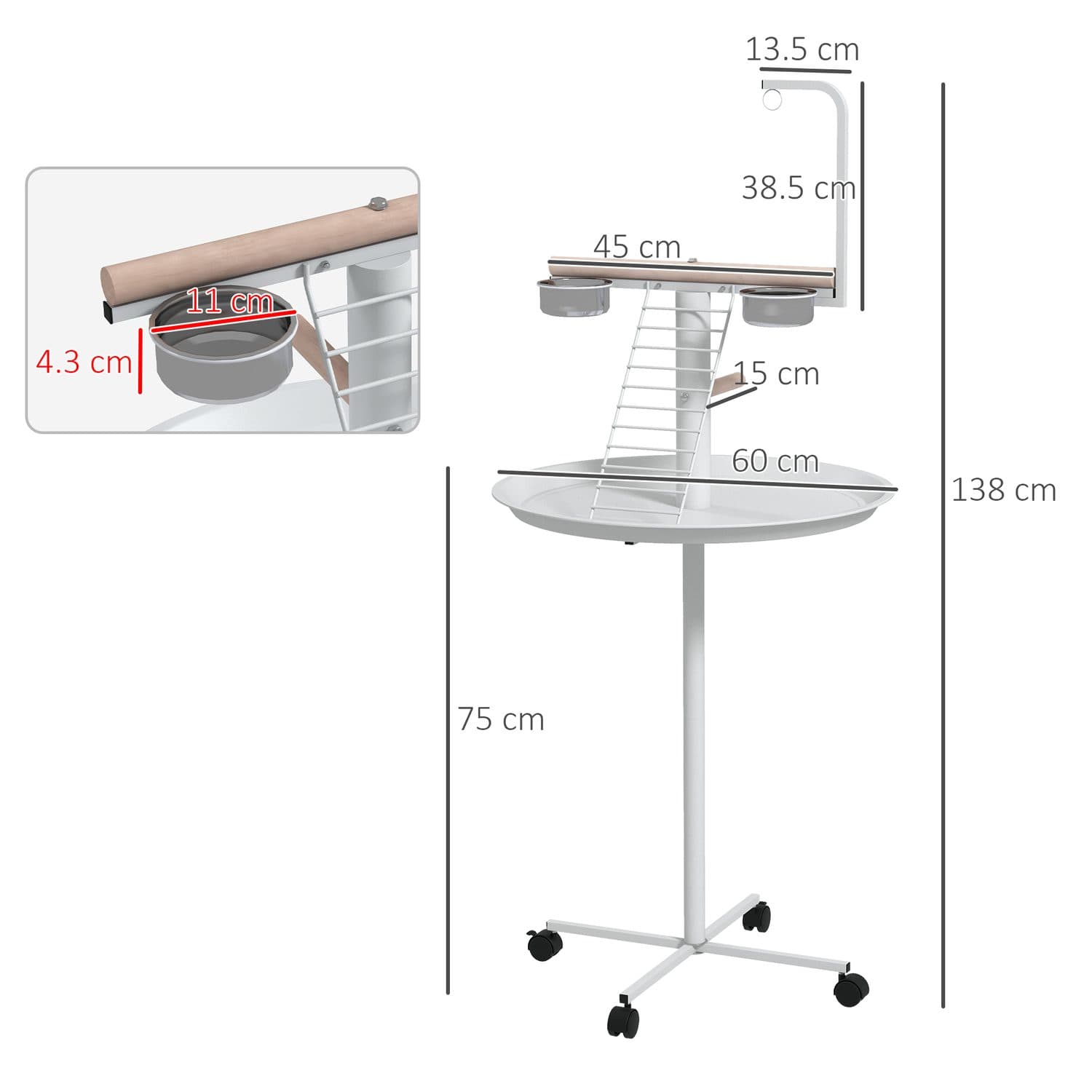 Mobile Bird Stand with Perches and Feed Bowls - image 5