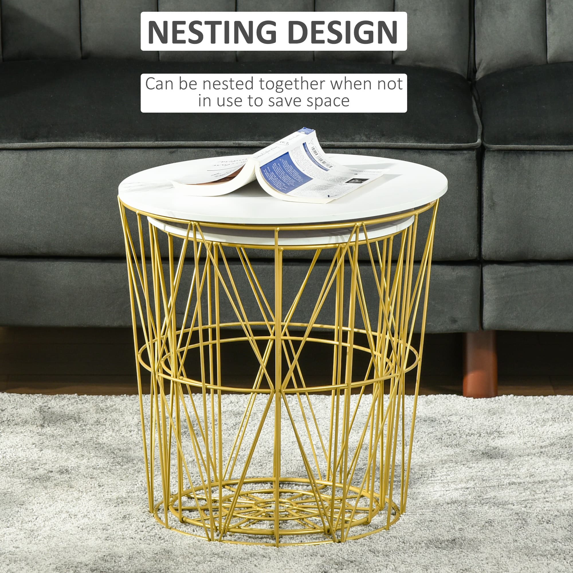 Round Nesting Tables With Marble-Effect Removable Tops and Gold Wire Bases - image 2