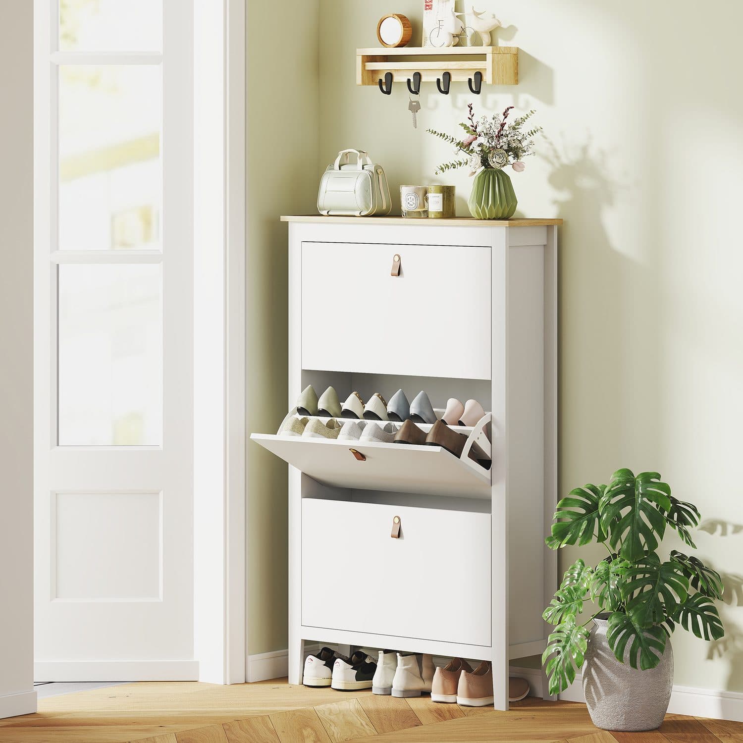 Three-Compartment Flip Shoe Cabinet with Oak-Effect Top, White - image 3