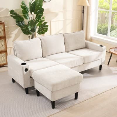 Beige L-Shaped Sofa with Built-In USB & Cup Holders - image 2