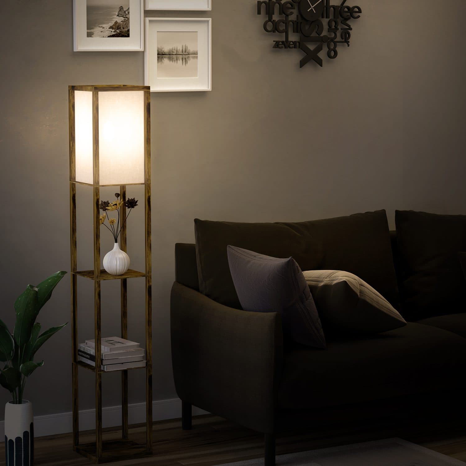 A slim floor lamp with useful display shelving - image 2